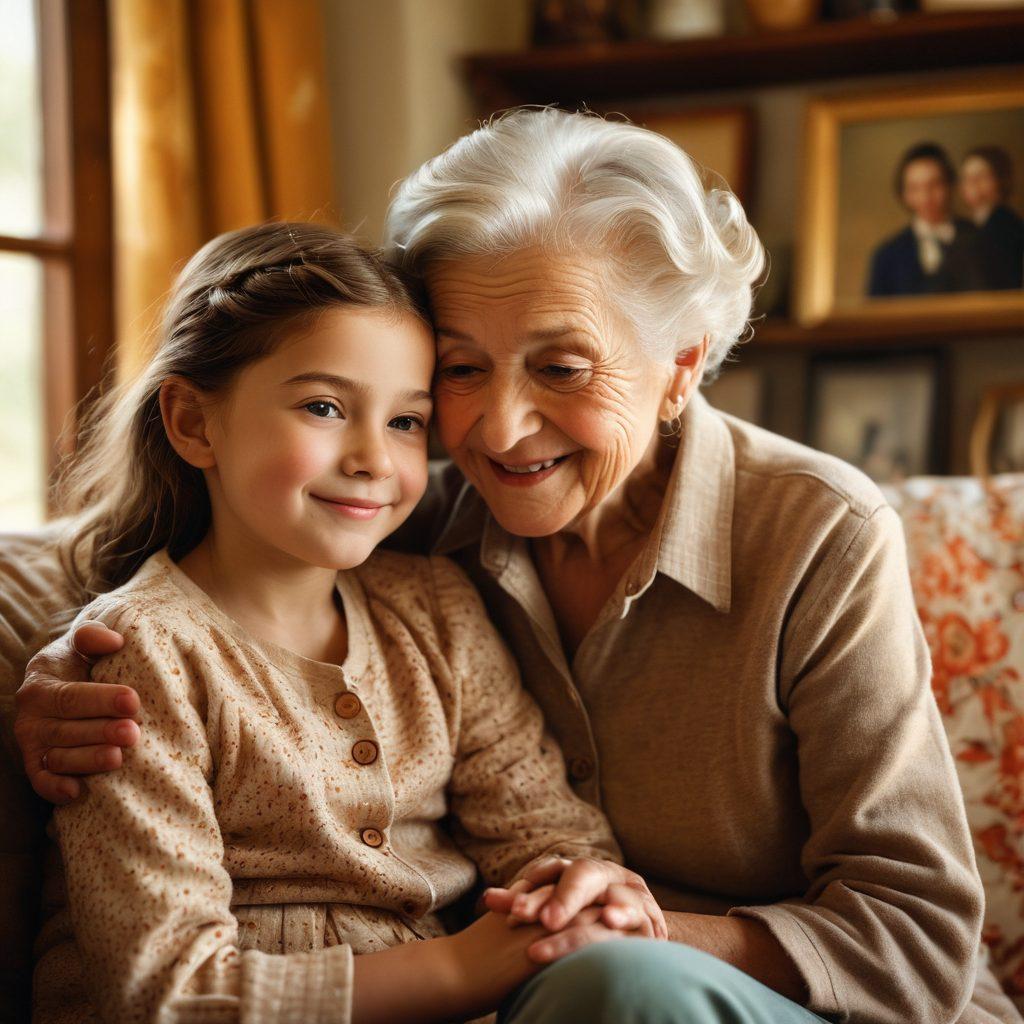 A warm, inviting scene of a wise grandparent sharing stories with a young child in a cozy living room, filled with family photos and vintage decor. Sunlight streams through a window, highlighting their joyful expressions. The atmosphere is filled with love and nostalgia, showcasing the elegance of age and the innocence of youth. super-realistic. warm colors. soft focus.