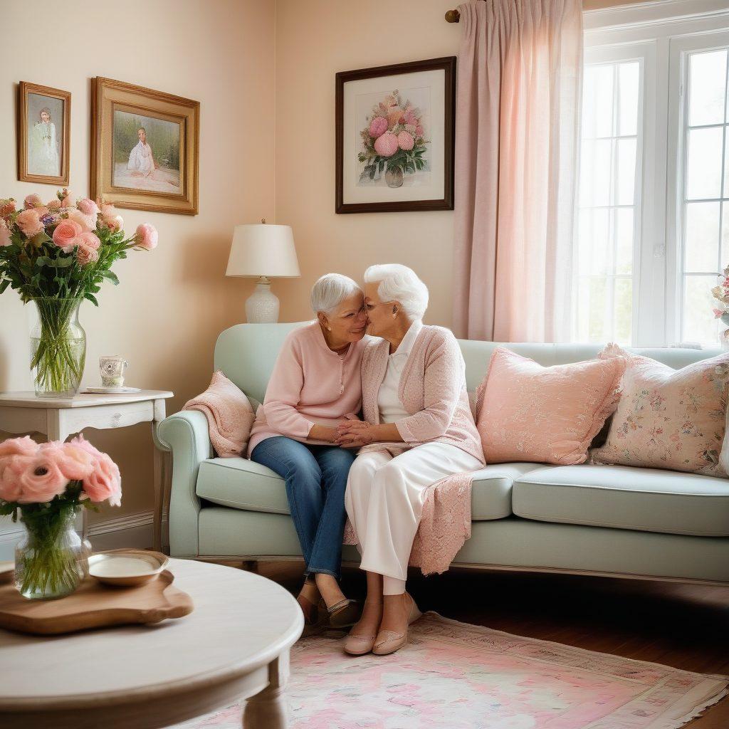 A warm, inviting scene of a grandparent and grandchild sharing a heartfelt moment in a cozy living room, surrounded by family photos and traditional heirlooms. The room is decorated with heirloom quilts and pastel-colored flowers, representing affection and legacy. Bright, soft lighting enhances the atmosphere, evoking nostalgia and love. A small table filled with family recipes and handmade crafts in the background symbolizes cherished traditions. painterly style. pastel colors. cozy ambiance.