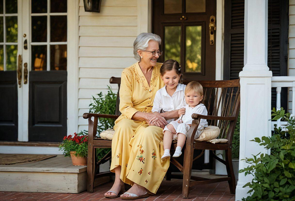 A heartwarming scene of a grandparent and grandchild sitting together on a cozy porch, sharing stories. The grandparent is elegantly dressed in vintage clothing, showcasing timeless style, while the child looks up with admiration. Soft golden sunset light casts a warm glow, accentuating their smiles and the beauty of their bond. Surround this touching moment with lush greenery and family heirlooms to highlight the enrichment of life through generations. painting. warm colors. nostalgic atmosphere.
